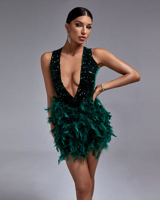 Ships in 1 to 3 Days - Emerald Envy Sequined Mini Dress with Luxe Feather Skirt