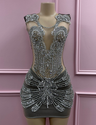 Crystal-Embellished Bodycon Dress with Sheer Details