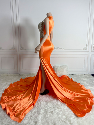 Opulent Crystal-Embellished Evening Gown with Slit and Flowing Train