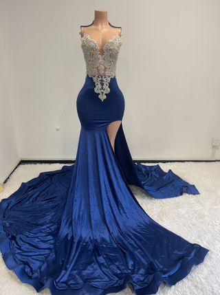 Opulent Crystal-Embellished Evening Gown with Slit and Flowing Train