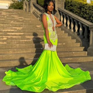 Stunning Neon Green Mermaid Gown with Crystal Embellishments