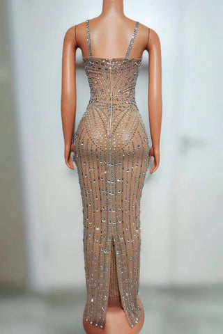 Elegant Crystal Embellished Nude Illusion Gown