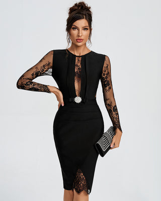 Ships in 1 to 3 Days - Sophisticated Lace Panel Midi Dress with Sheer Sleeves and Crystal Brooch