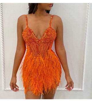 Ready To Ship in 1 to 3 Days - Vibrant Beaded and Feathered Mini Dress with Spaghetti Straps