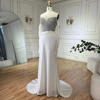 White Arabic Evening Gown with Crystal Beaded Dress and Gloves for Occasion