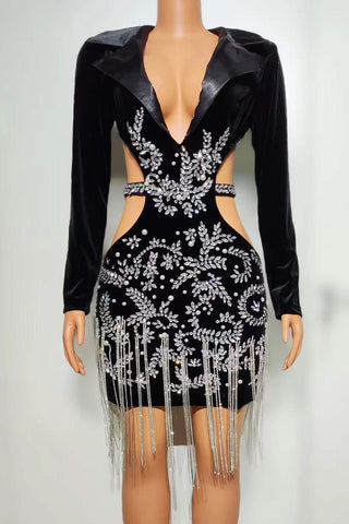 Glamorous Black Velvet Cut-Out Dress with Embellished Floral Patterns and Fringe Detail