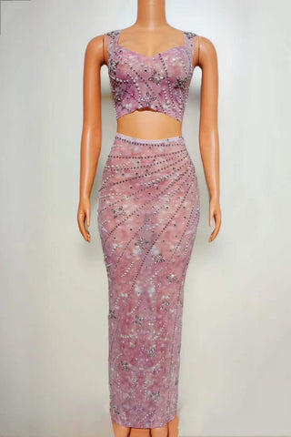 Elegant Two-Piece Crystal Embellished Evening Set