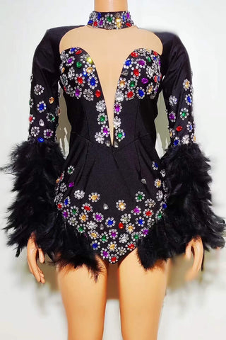 Glamorous Gem-Embellished Plunge Neck Bodysuit with Feather Cuffs