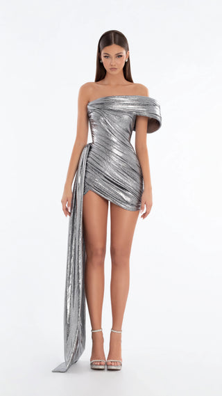 Ships in 2 to 5 Days - Off-Shoulder Metallic Draped Mini Dress with Side Train