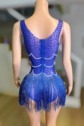 Glamorous Royal Blue Sequin and Pearl Embellished Fringe Mini Dress