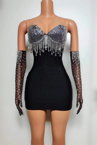 Dazzling Strapless Mini Dress with Crystal Fringe and Gloves