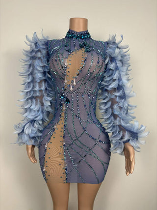 Stunning High-Neck Sheer Beaded Mini Dress with Feathered Sleeves