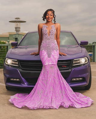 Elegant Lilac Mermaid Gown with Intricate Lace and Crystal Details