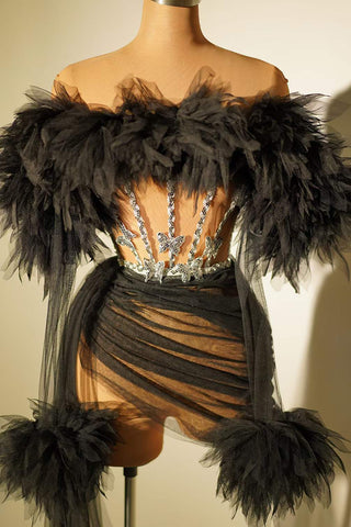 Dramatic Feathered and Embellished Illusion Dress