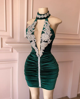 Velvet Halter Mini Dress with Intricate Crystal Embellishments