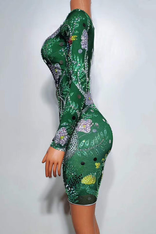 Vibrant Green Embellished Long Sleeve Bodycon Dress