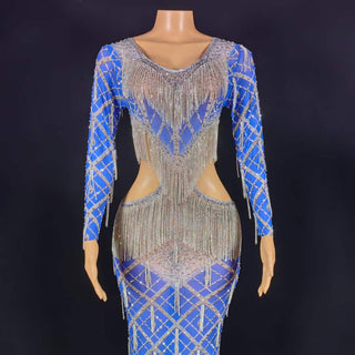 Dazzling Long Sleeve Sheer Beaded Gown with Cutout Waist