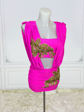 Regal Draped Mini Dress with Embellished Appliqué and Cut-Out Detailing