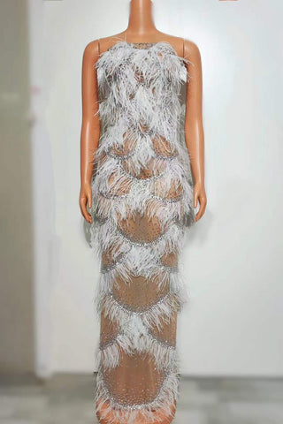 Elegant Sheer Feathered Long Dress with Rhinestone Embellishments