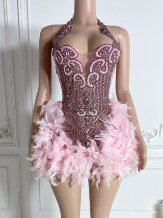 Ships in 1 to 3 Days - Radiant Ruby Feathered Bodysuit with Sparkling Embellishments