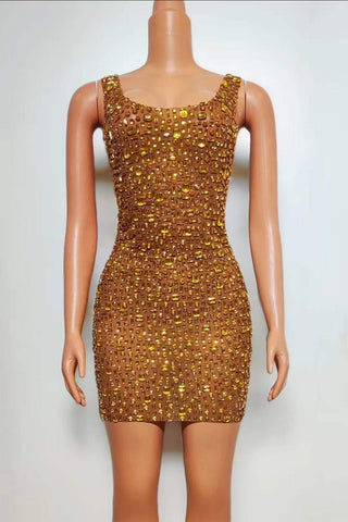 Glamorous Gold Embellished Mini Dress with Square Neckline