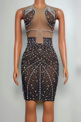 Chic Illusion Mesh Beaded Bodycon Dress