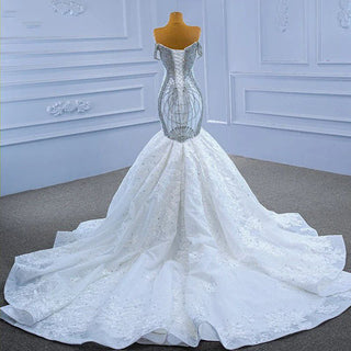 Luxury Mermaid White V-Neck Sleeveless Beaded Lace-Up Slip Wedding Gown