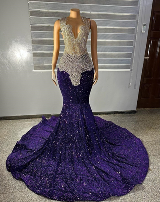 Mermaid Beaded Gown with Plunging Neckline and Sequined Train