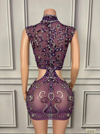 Opulent Crystal Embellished High-Neck Cut-Out Mini Dress