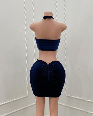 Navy Blue Velvet Two-Piece Dress with Silver Embroidery and Halter Cutout