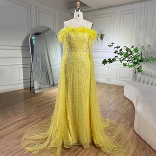 Pink Cape Sleeves Mermaid Yellow Evening Dresses Gowns Luxury Beaded Feathers For Women Wedding Party 2024