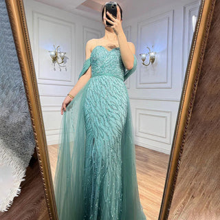 2024 Arabic Blue Mermaid Evening Gown: Sexy High Split with Beaded Elegance - Ideal for Women's Party Glamour