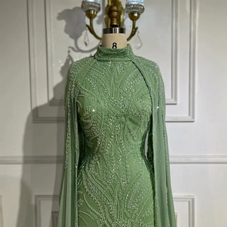 Ships in 1 to 3 Days - 2024 Muslim Sage Green Mermaid Cape Sleeves Beaded Satin Luxury Evening Dresses Gowns for Women Party