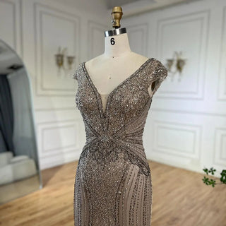 Ships in 1 to 3 Days - Dubai Beige Elegant Sleeveless Mermaid Beaded Arabic Evening Dresses Gowns for Women Wedding Party 2024