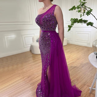 Arabic Purple Mermaid One Shoulder Evening Dress 2024 - High Split, Beaded Luxury Gown for Women's Party