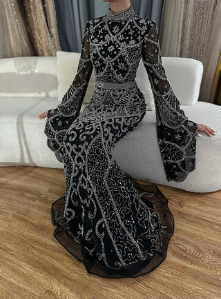 Grey Muslim Mermaid Elegant Cape Sleeve Beaded Luxury Dubai Long Evening Dress - Women's Party 2024