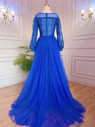 Muslim Blue Elegant Mermaid Luxury Evening Dress - Women's Party Gown 2024 with Beaded Over Skirt