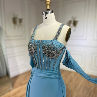 Dubai Luxury Evening Gown: 2024 Blue High Slit Mermaid Spaghetti Strap Gloves Perfect for Wedding Parties