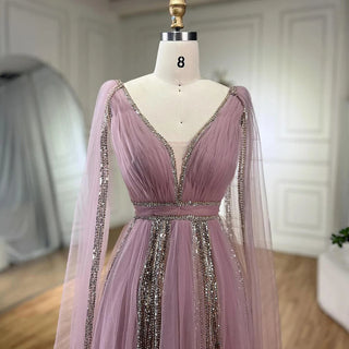 Luxury Dubai Wedding Party Gowns: Elegant Pink Evening Dress with Cape Sleeves for Arabic Women in Sage Green and Yellow