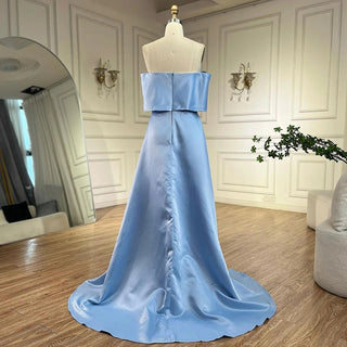 Ships in 1 to 3 Days - Blue Satin Elegant High Split Mermaid Evening Dress - Beaded Gown for Women's Party 2024