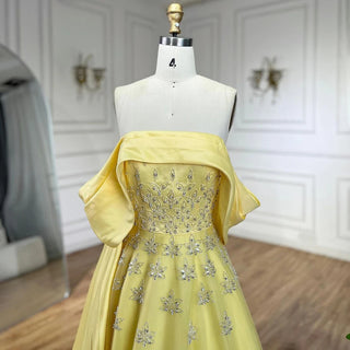 Ships in 1 to 3 Days - Luxury Dubai Arabic Yellow Evening Dress - Elegant Boat Neck Party Gown for Women's Wedding