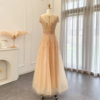 Golden Blush Elegance: Beaded Pale Pink Plus Size Evening Gown with Arabic-inspired Glamour for Weddings and Formal Occasions.