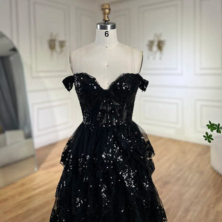 Arabic Black High Split Spaghetti Strap A-Line Lace Beaded Evening Dresses Gowns for Women's Wedding Party