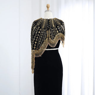 Luxury Arabic Black and Gold Two-Piece Evening Dresses for Women Beaded Midi Formal Prom Party Gowns