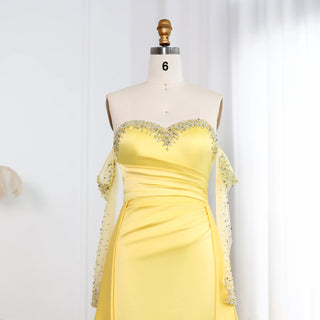 Elegant Sweetheart Yellow Satin Evening Dress - Beaded Pearls Gown with Gloves for Arabic Women’s Wedding Parties