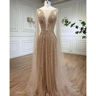 Ships in 1 to 3 Days - Elegant Arabic Gold A-Line Cape Sleeves Beaded Luxury Dubai Long Evening Dress - Wedding Party Gown for Women 2024