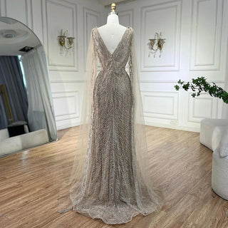 Customized Arabic Nude Luxury A-Line Beaded Evening Dress with Cape Sleeves for Women’s Wedding Party