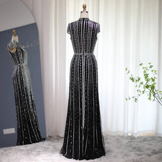 Sparkling Crystal Black Mermaid Arabic Evening Dress: Luxury Dubai Long Formal Party Gown for Women's Wedding