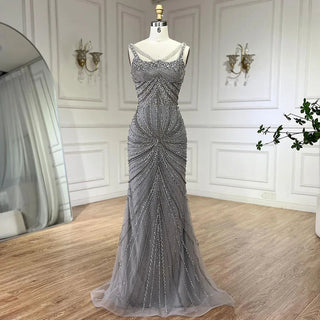 Arabic Nude Spaghetti Strap Mermaid Evening Gown - Luxury Pearls Beaded for Women's Wedding Party 2024