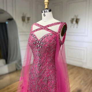 Feathered Fuchsia: 2024 Elegant Cap Sleeve Mermaid Evening Dress - Luxury Beaded Gown for Ladies' Wedding Party